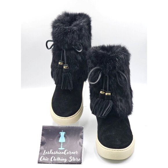 Tory Burch Women's Black Suede Leather Rabbit Fur Anjelica Boots Sz 9 2863 - Picture 2 of 16